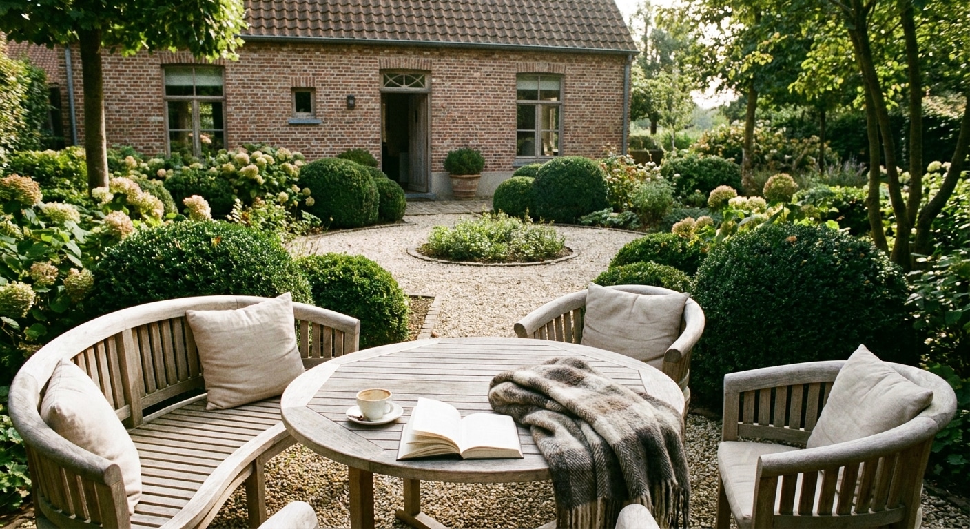 Gezellige tuin met houten tafel en bakstenen huis