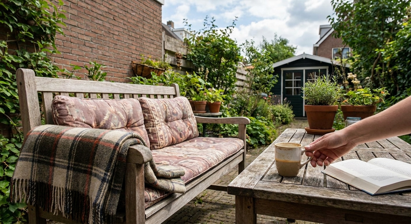 Gezellige tuin met bank, koffie en boek