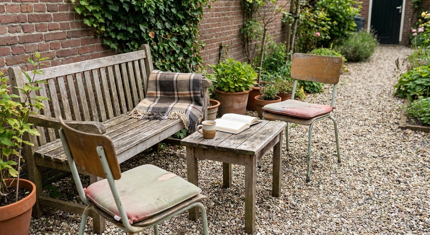 Gezellige tuin met houten bank en koffietafel