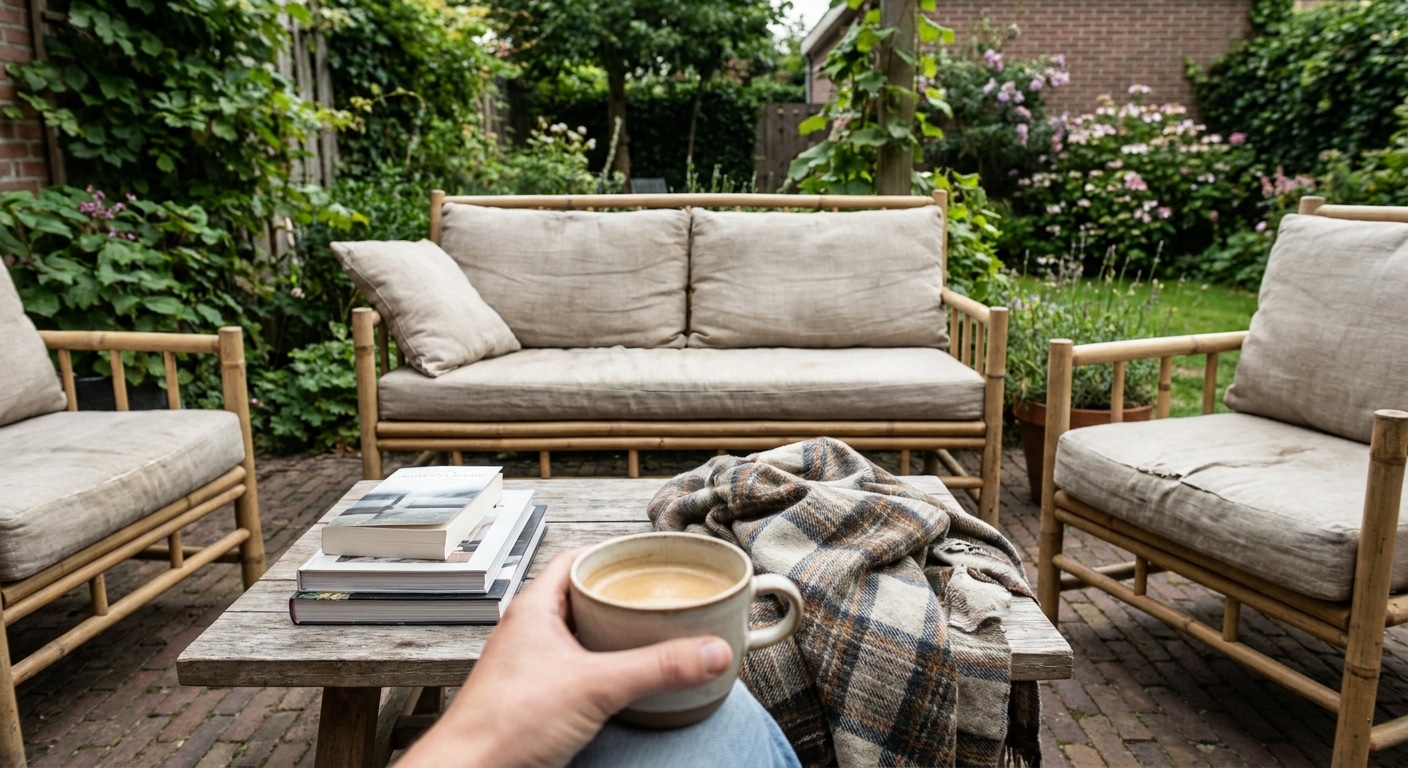 Gezellige tuinset met koffie en boeken