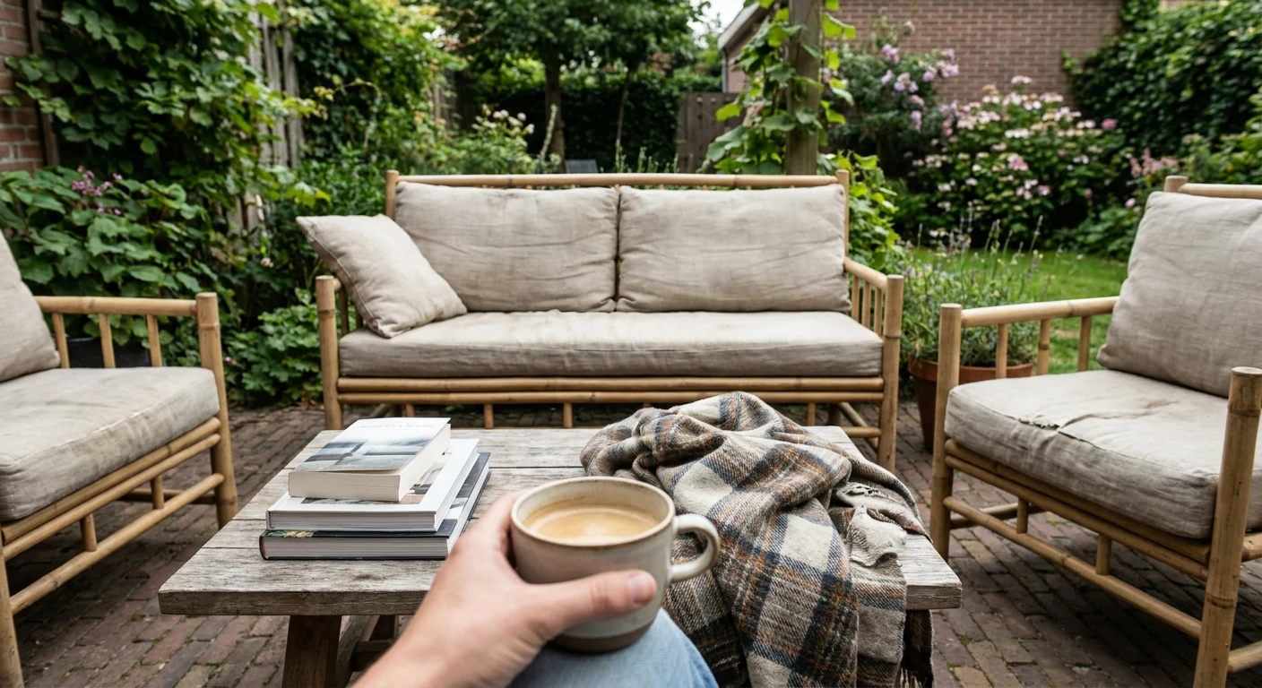 Gezellige tuinset met koffie en boeken