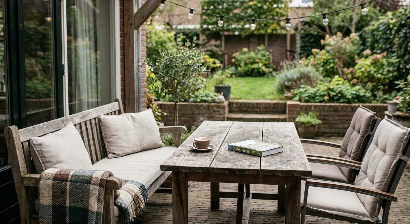 Gezellige tuinpatio met houten tafel en bank