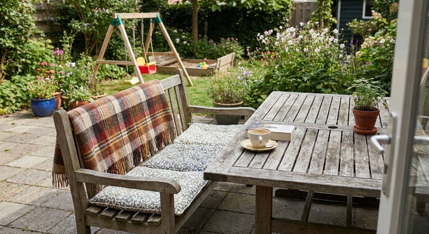 Gezellige tuin met houten bank en tuintafel
