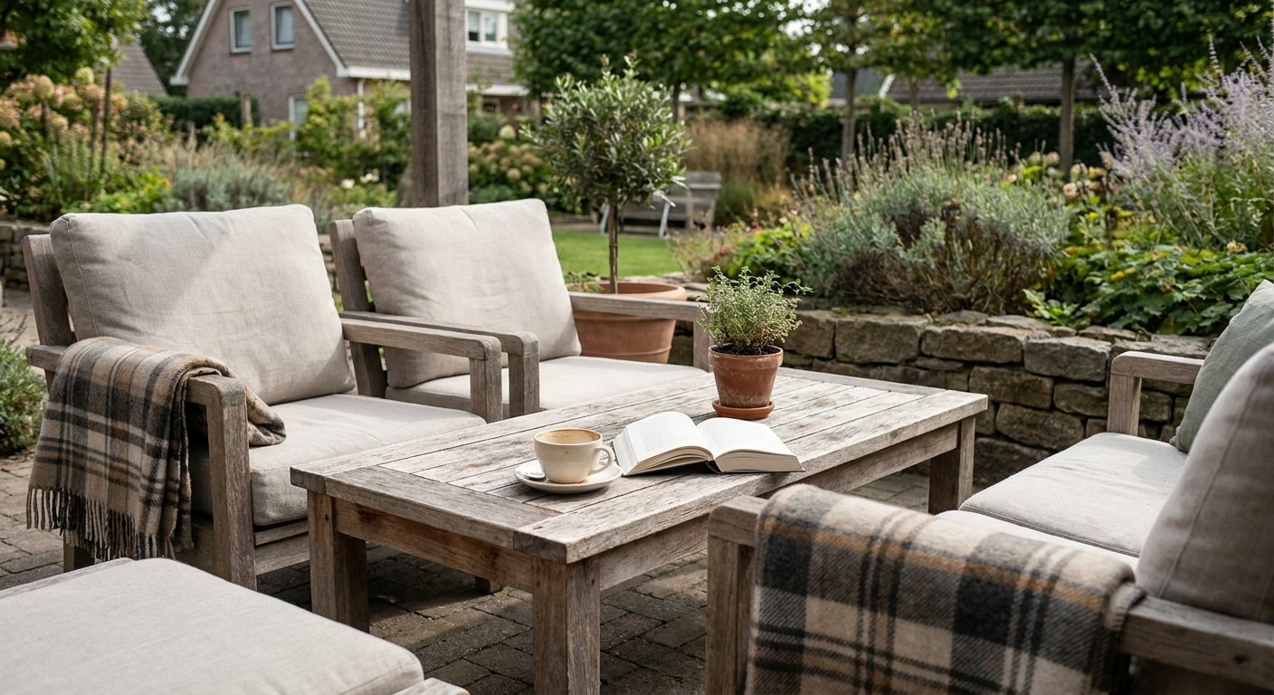 Gezellige tuinset met houten tafel en fauteuils