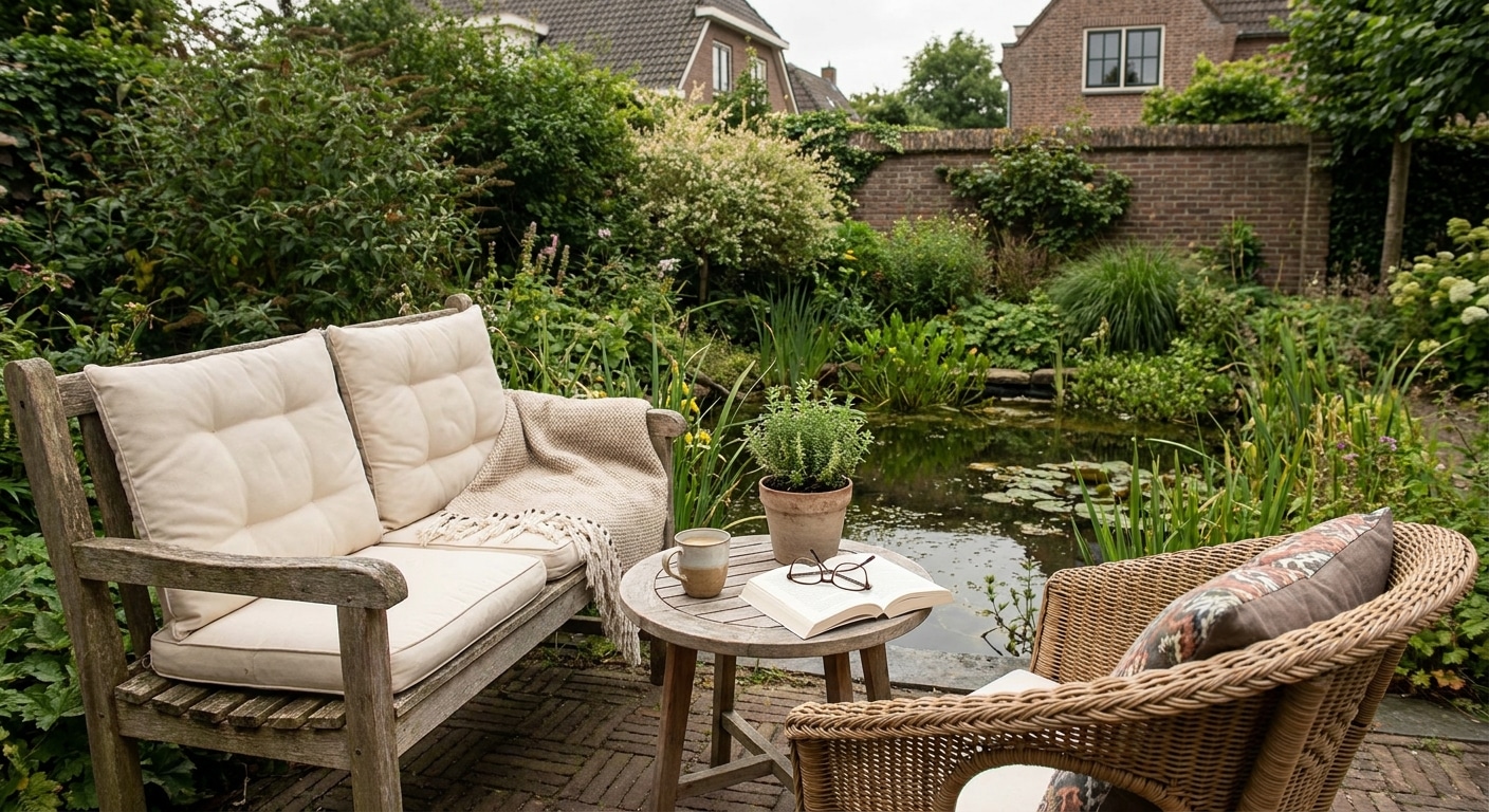 Gezellige tuin met vijver en houten tuinbank