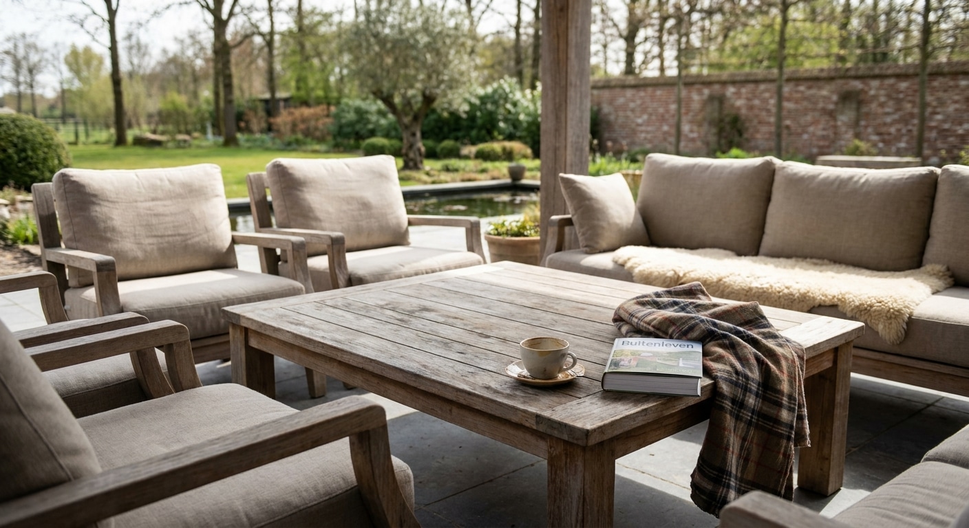 Gezellige houten loungeset op overdekt terras