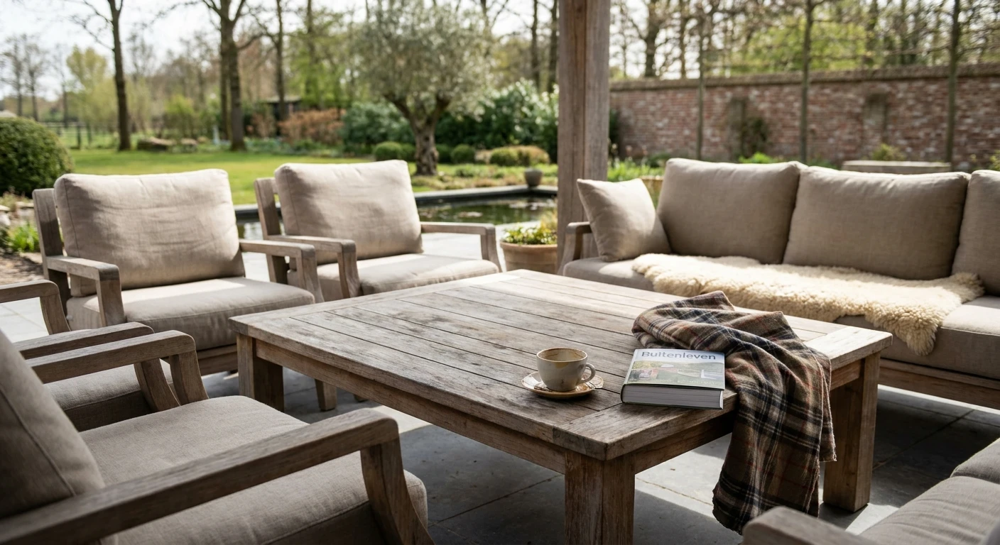 Gezellige houten loungeset op overdekt terras