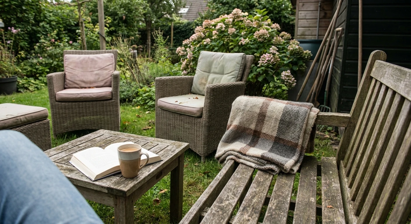 Gezellige tuinset met boek en koffie