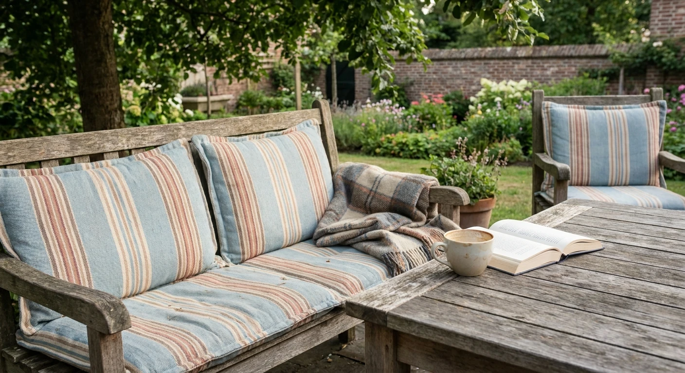 Houten tuinbank met kussens, boek en koffie
