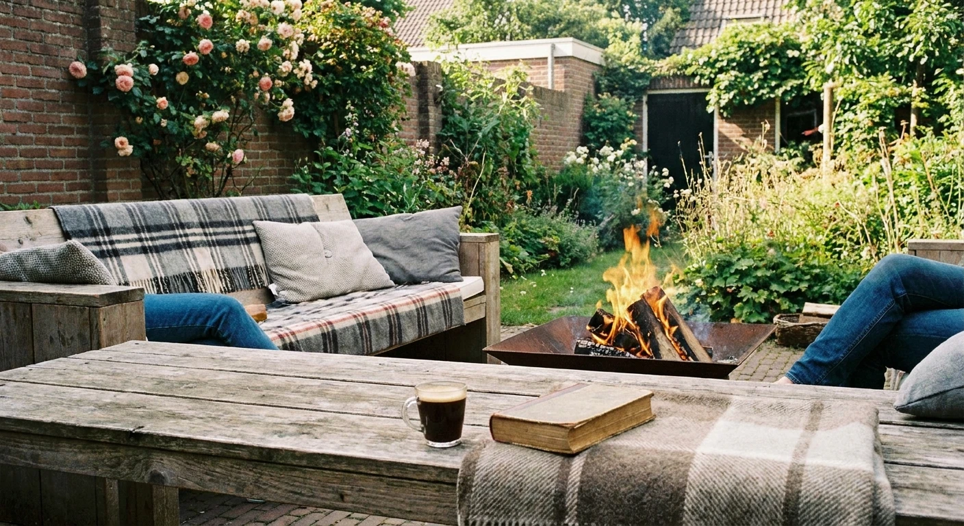 Gezellige tuin met vuurkorf en houten zitbanken