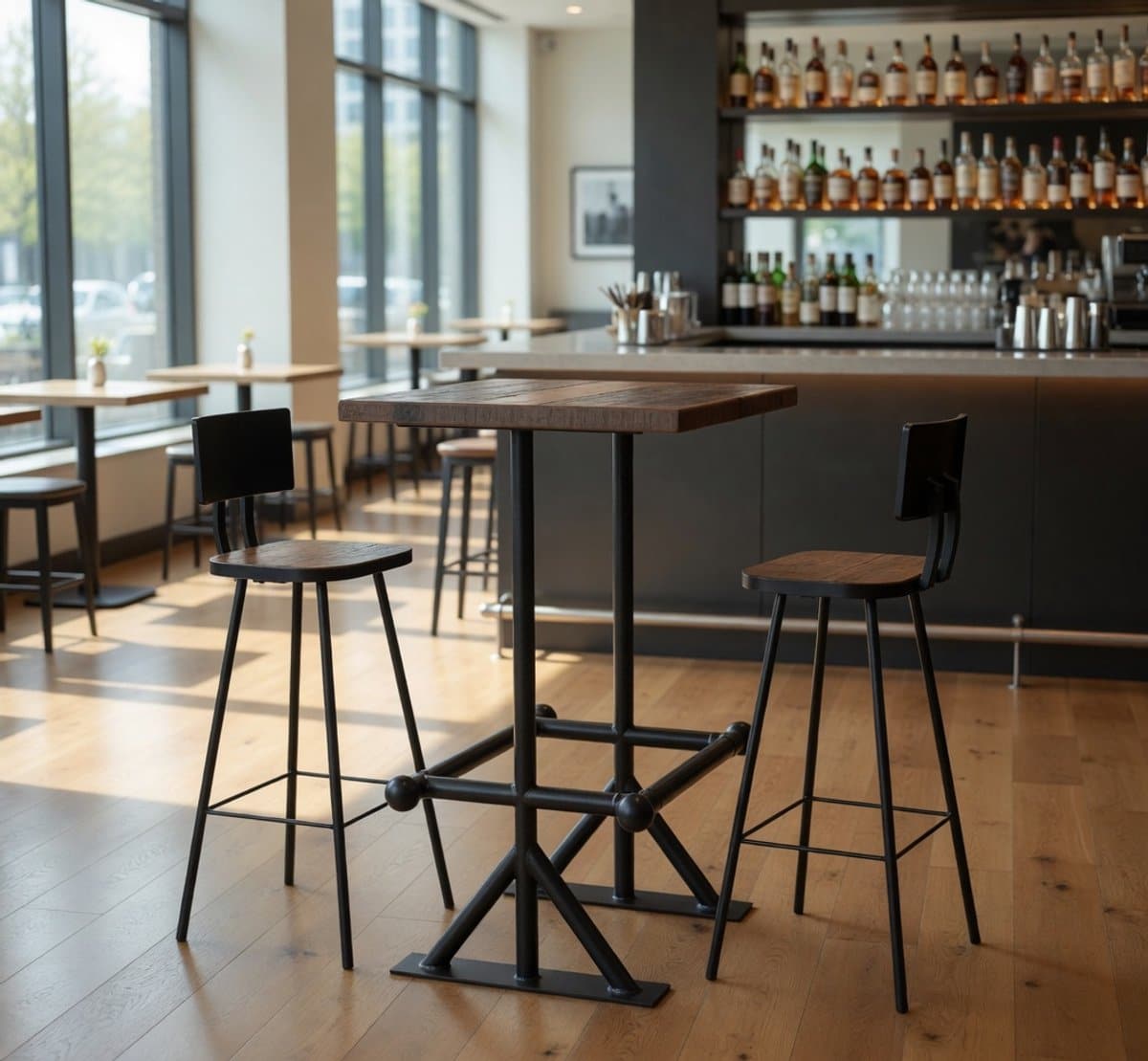 3 delige barset massief oud hout bartafel + 2 barkrukken
