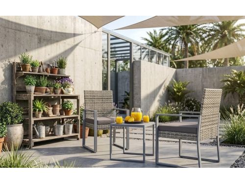 3-Delige Bistroset Grijs Polyrotan met WPC Tafelblad - 2 Tuinstoelen