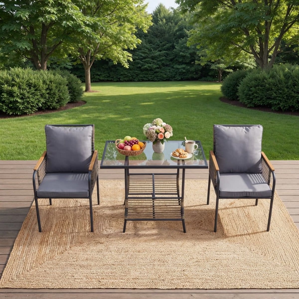 3 delige rotan balkonset grijs met tafel & 2 stoelen onder