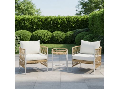 3-Delige Rotan Bistroset Geel + Crème - Tuinmeubelset 2 Tuinstoelen
