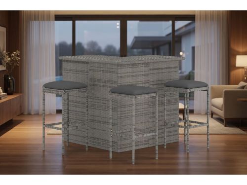 4-Delige Luxe Tuinbarset Grijs Polyrotan met Kussens - Bartafel +