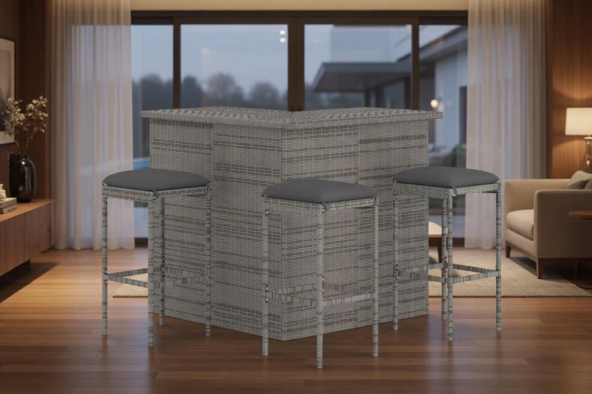 4 delige luxe tuinbarset grijs polyrotan met kussens bartafel +
