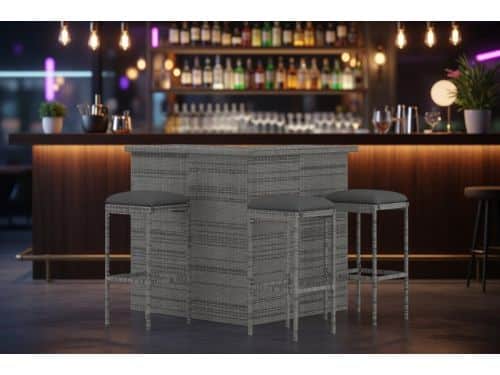 4-Delige Luxe Tuinbarset Grijs Polyrotan met Kussens - Bartafel +