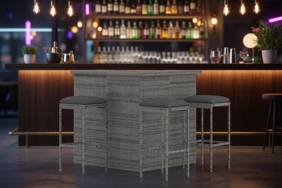 4 delige luxe tuinbarset grijs polyrotan met kussens bartafel +