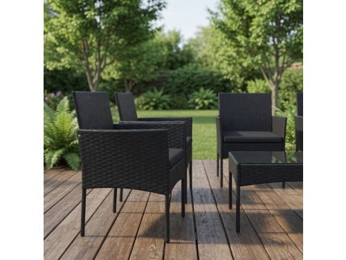 4-Delige Polyrotan Balkonset Zwart - Tuinmeubelset 2 Stoelen + Bank