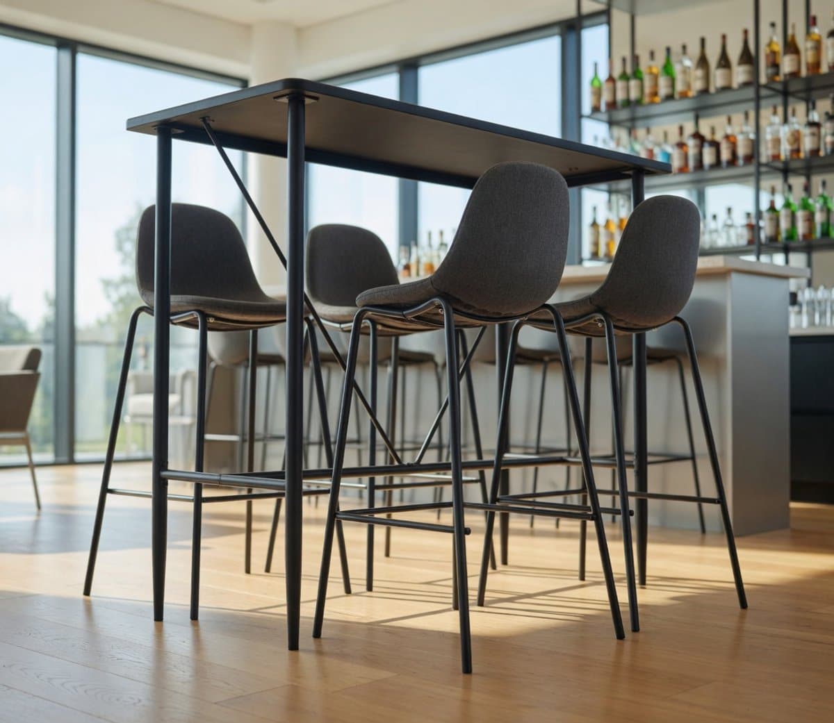 5 delige barset stof donkergrijs bartafel mdf + 4 barstoelen