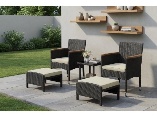 5-Delige Rotan Balkonset Zwart-Beige voor Klein Balkon met 2 Banken
