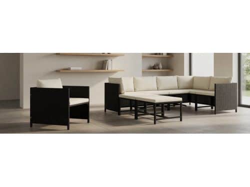 7-Delige Tuinmeubelset Zwart Polyrotan met Fauteuil en Schiereiland