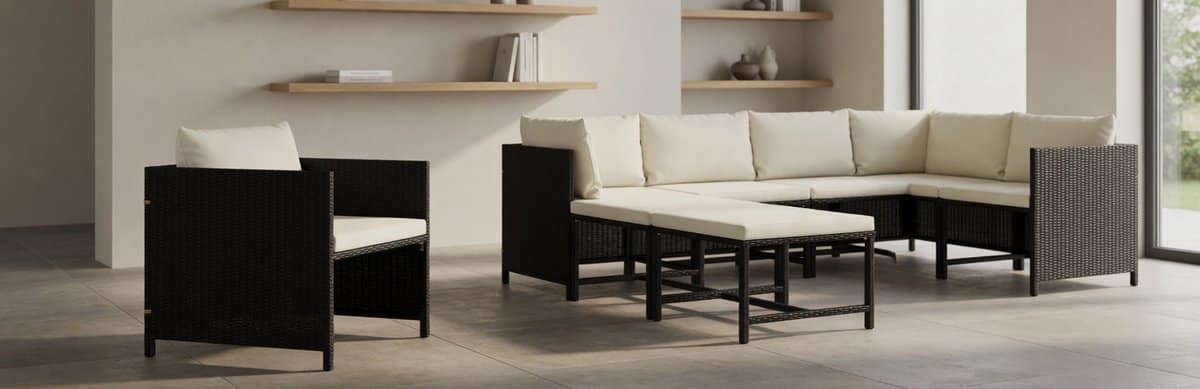 7 delige tuinmeubelset zwart polyrotan met fauteuil en schiereiland