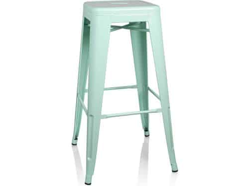 barkruk metaal pastelgroen mat retro kruk in industrieel design, stapelbaar