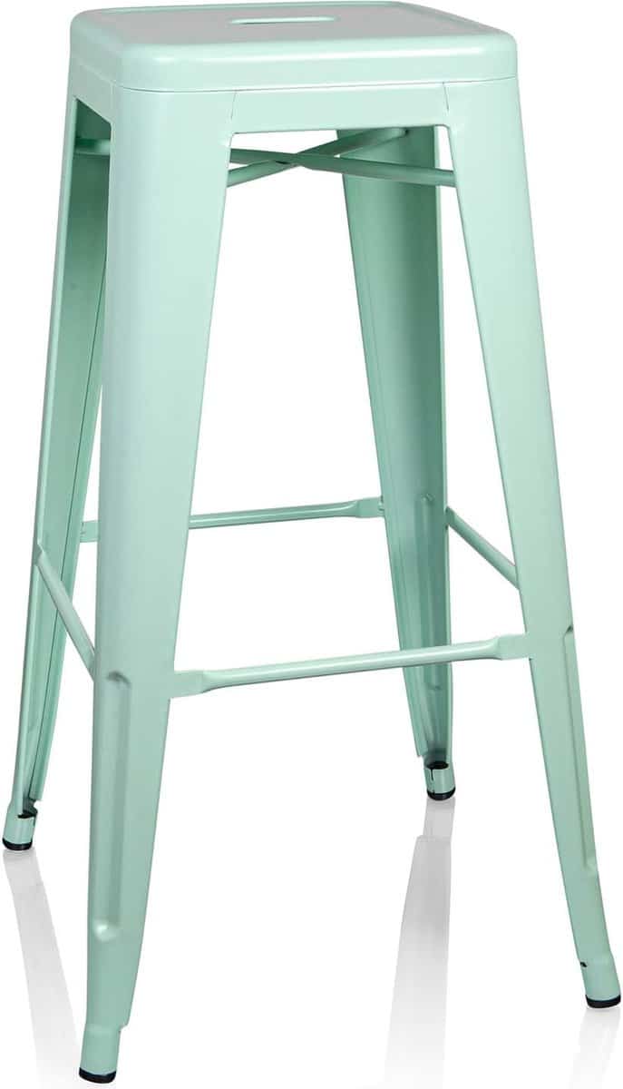 barkruk metaal pastelgroen mat retro kruk in industrieel design, stapelbaar