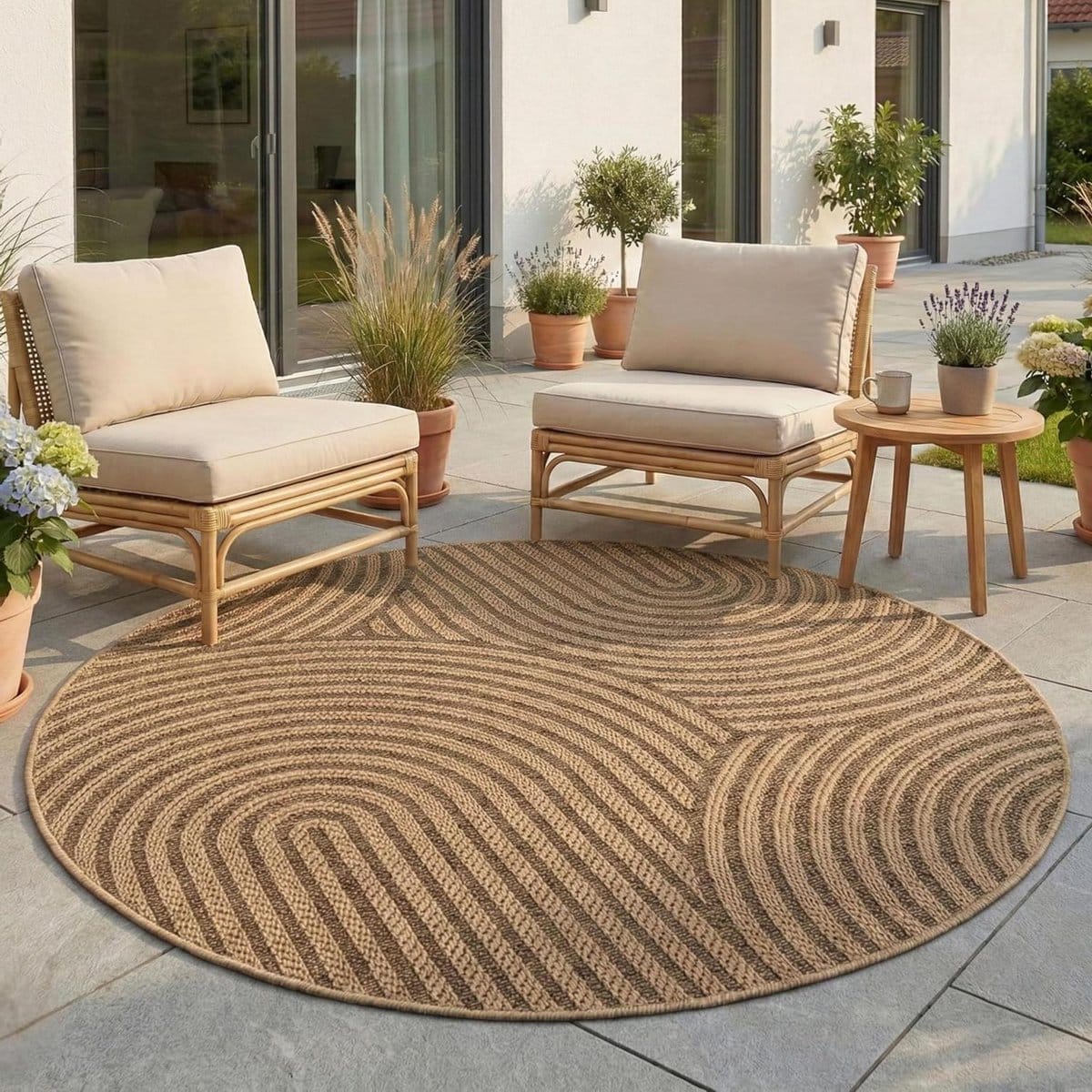 buiten tapijt rond jute look vloerkleed balkon terras