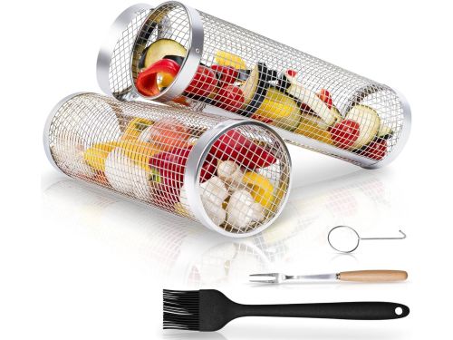 Draaibaar Grillmand Set met BBQ Accessoires - 2 RVS Manden