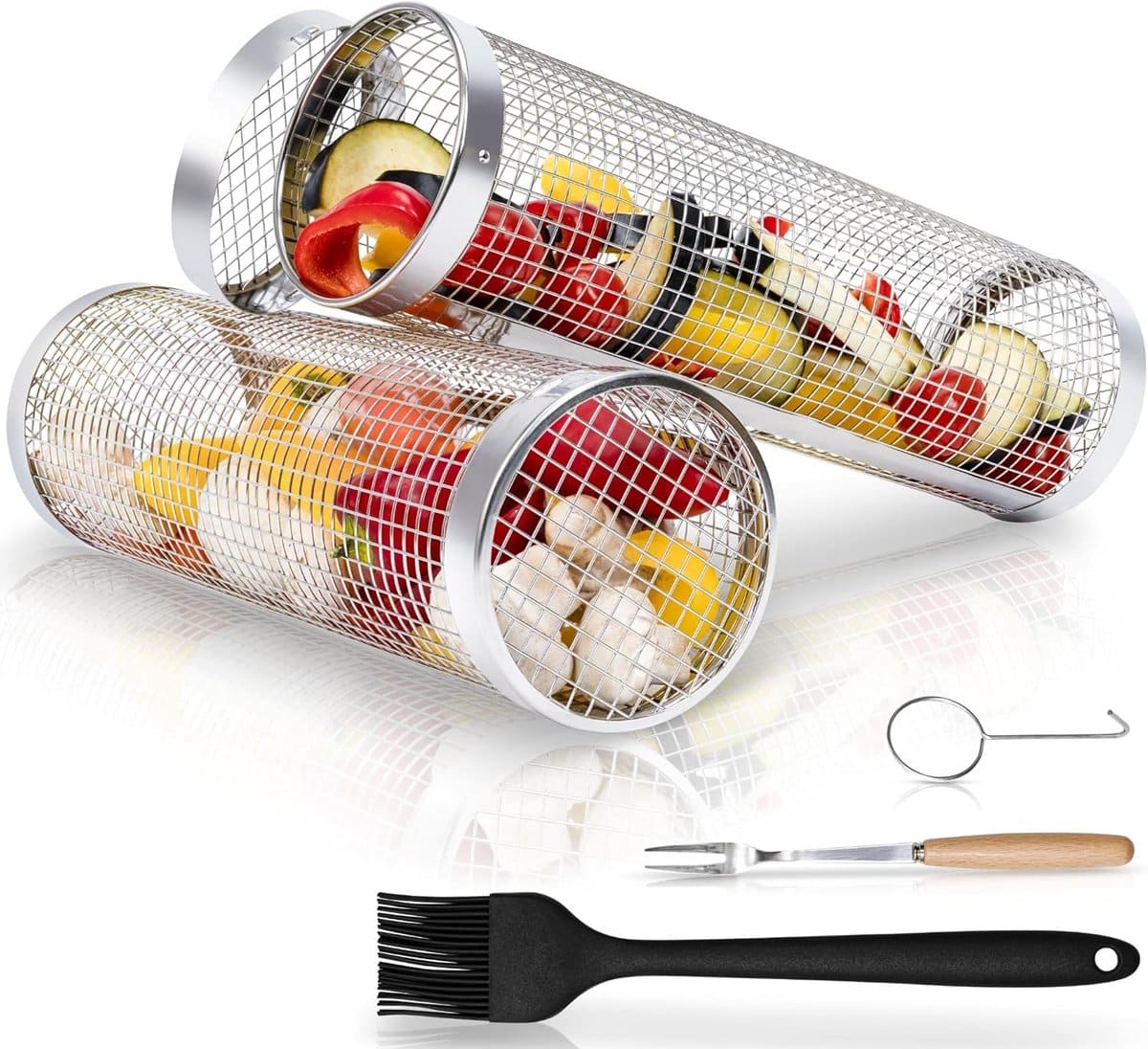 draaibaar grillmand set met bbq accessoires 2 rvs manden
