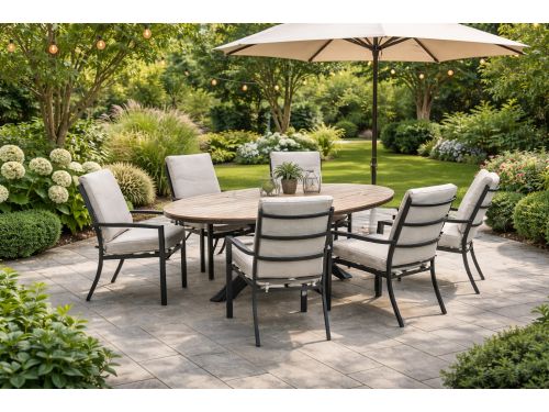 Garden Impressions Luma diningset - carbon black light teak tafel en 6 carbon black desert sand fauteuils