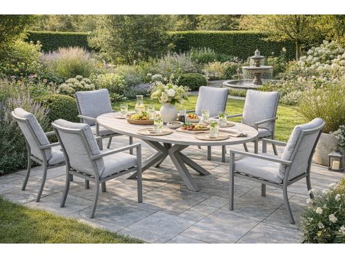 Garden Impressions Vera diningset taupe / light teak tafel en 6 taupe valley sand fauteuils