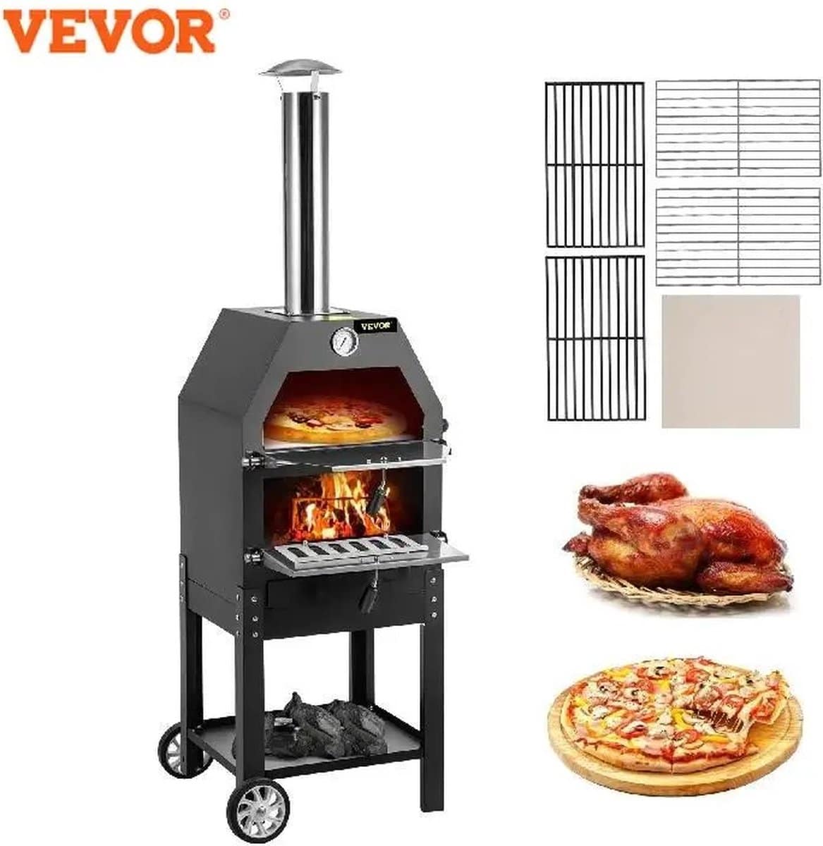 hout gebakken pizzaoven met wielen en handgreep buiten
