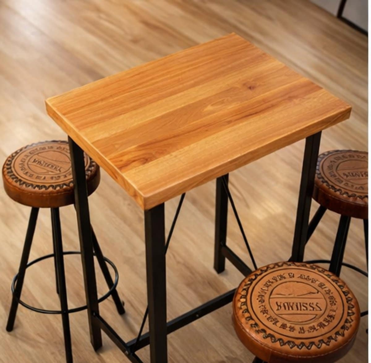 industriële 3 delige barset bartafel van massief acaciahout met 2