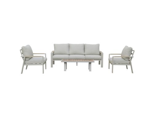 Lola stoel bank loungeset 4 delig latte zand aluminium teaktafel