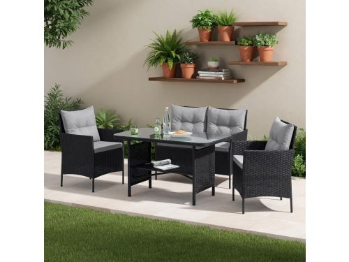 Lounge 4-Delige Polyrotan Tuinset Zwart met 2-Delige Bank