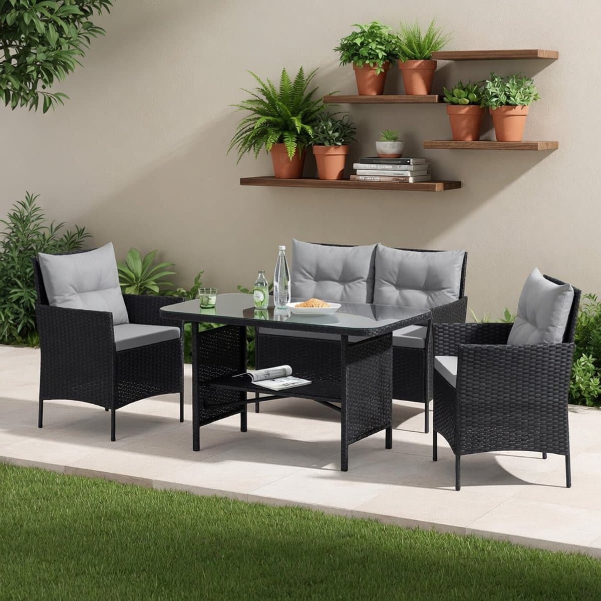 lounge 4 delige polyrotan tuinset zwart met 2 delige bank