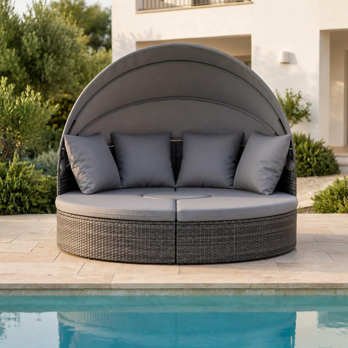 luxe rattan zonne eiland groot rotan zonnebed met opvouwbaar zonnedak