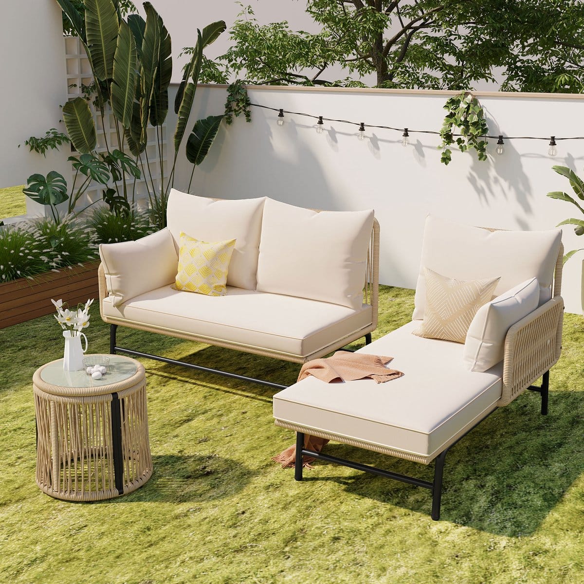 modenuit tuinloungeset l vorm met ligbed en tafel voor