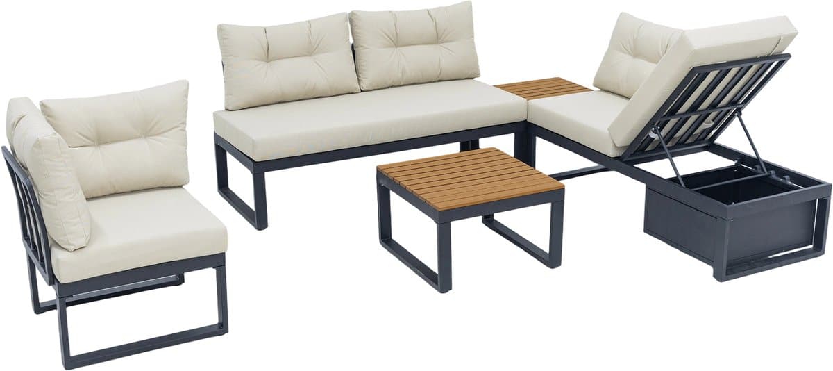 modulaire tuin loungeset beige 3 standig verstelbare rug, opbergruimte