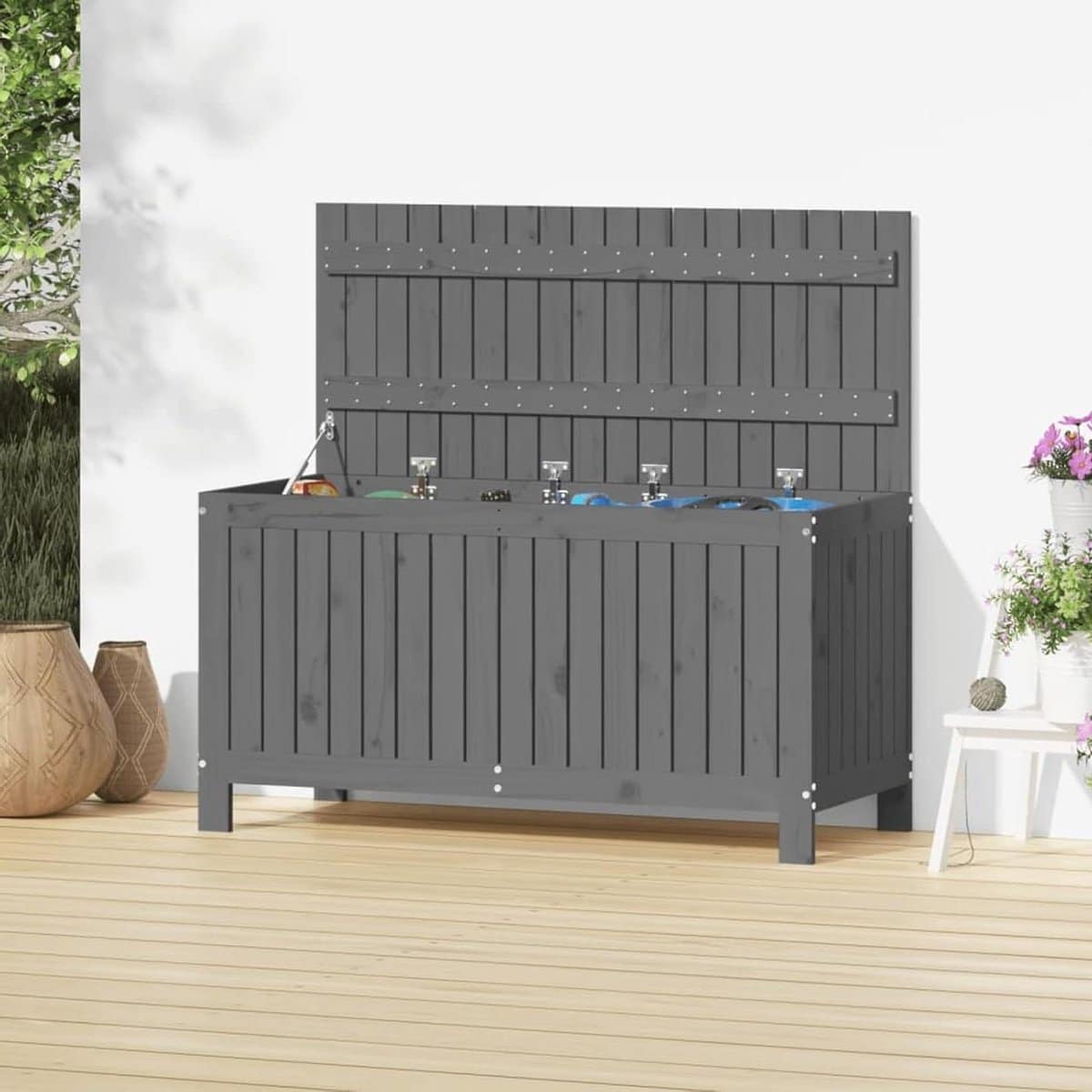 opbergbox tuin kussenbox hout tuinspullen opbergen verstevigd
