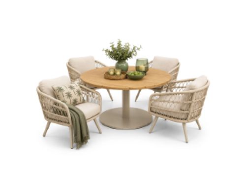 Outlet V: Auletta Low Diningset rond 4-persoons beige met teak tafelblad (9900000670030) - Warentuin Collection