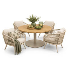 outlet v: auletta low diningset rond 4 persoons beige met teak tafelblad (9900000670030) warentuin collection