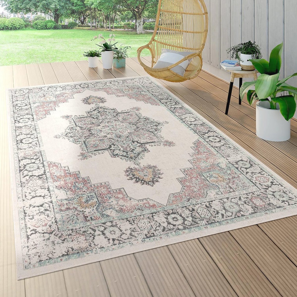 rond beige buitenkleed met oriëntaals patroon Ø 160 cm