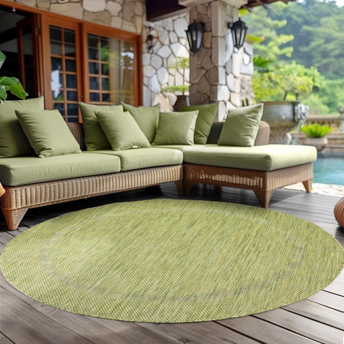 rond buitenkleed groen sisal look weerbestendig terras, balkon en tuinkleed