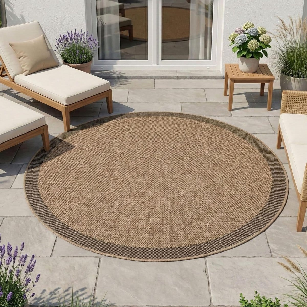 rond buitenkleed jute look tapijt balkon terras