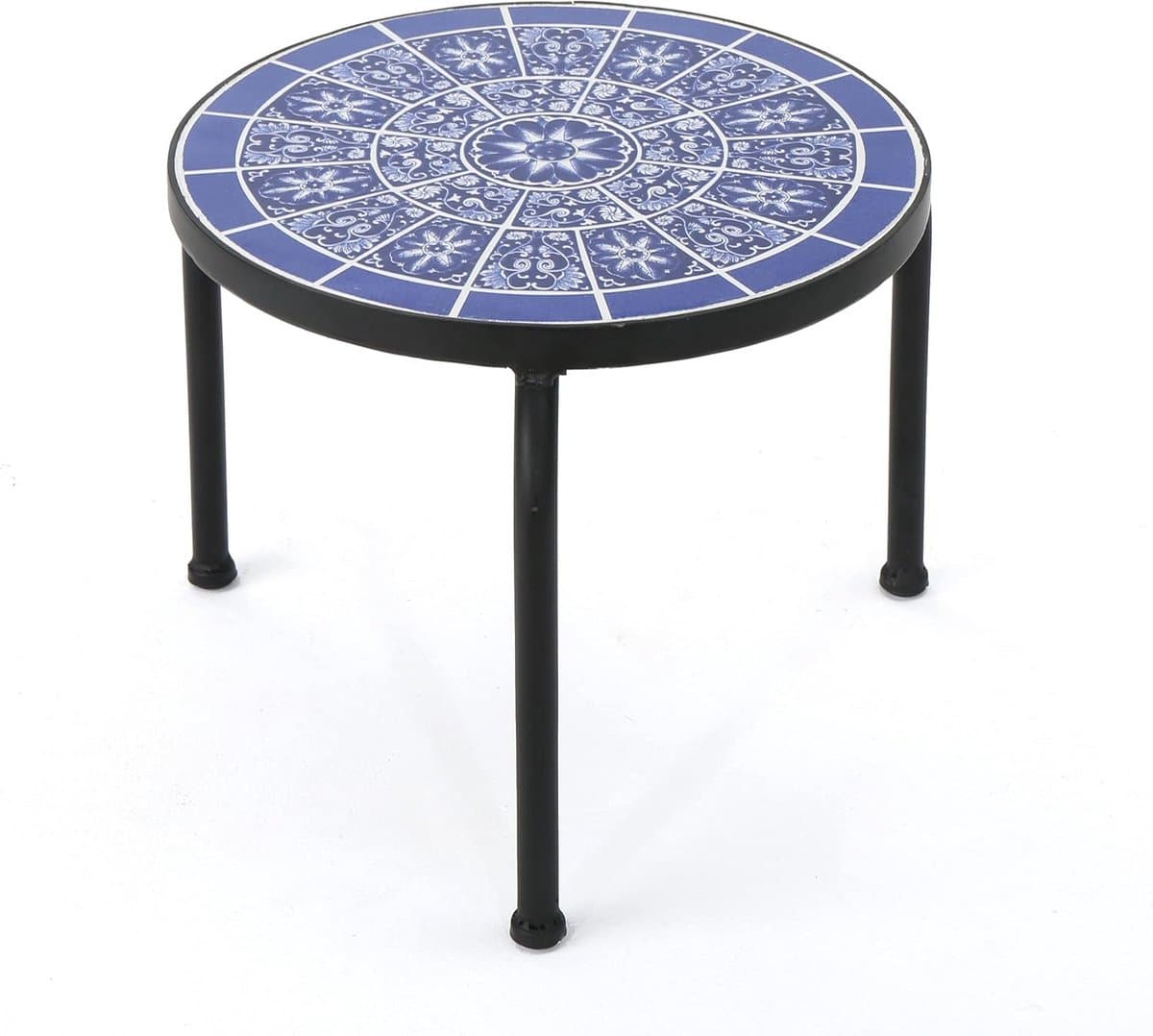 ronde bijzettafel met blauw witte keramische tegel & zwart ijzeren frame