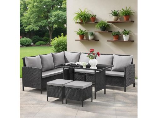 Royal XL L-Vormige Polyrotan Hoekloungeset Zwart met Glazen Eettafel &